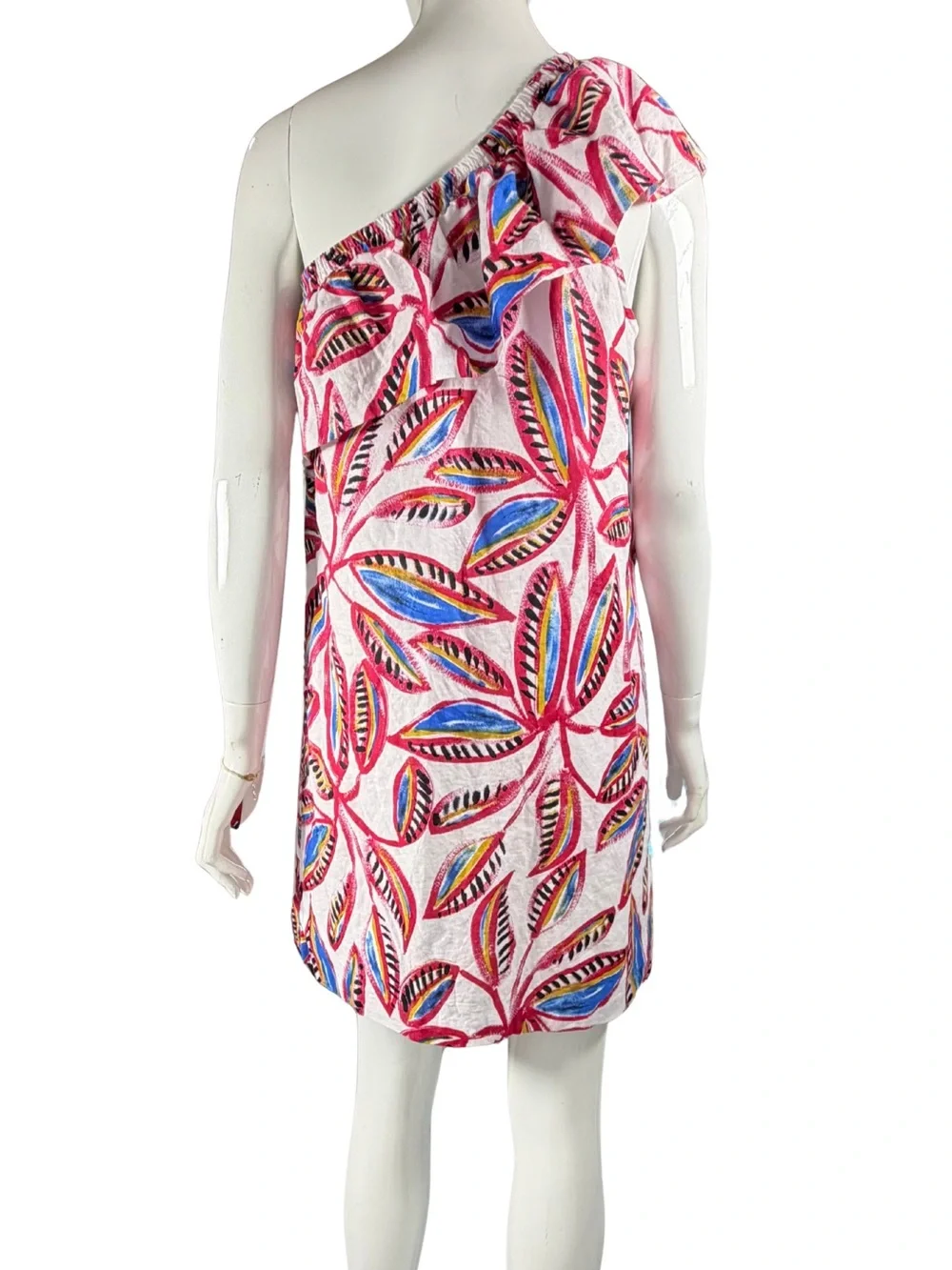 J. Crew One-Shoulder Tropical Leaf Print Dress Pink & Blue | Linen Cotton Blend